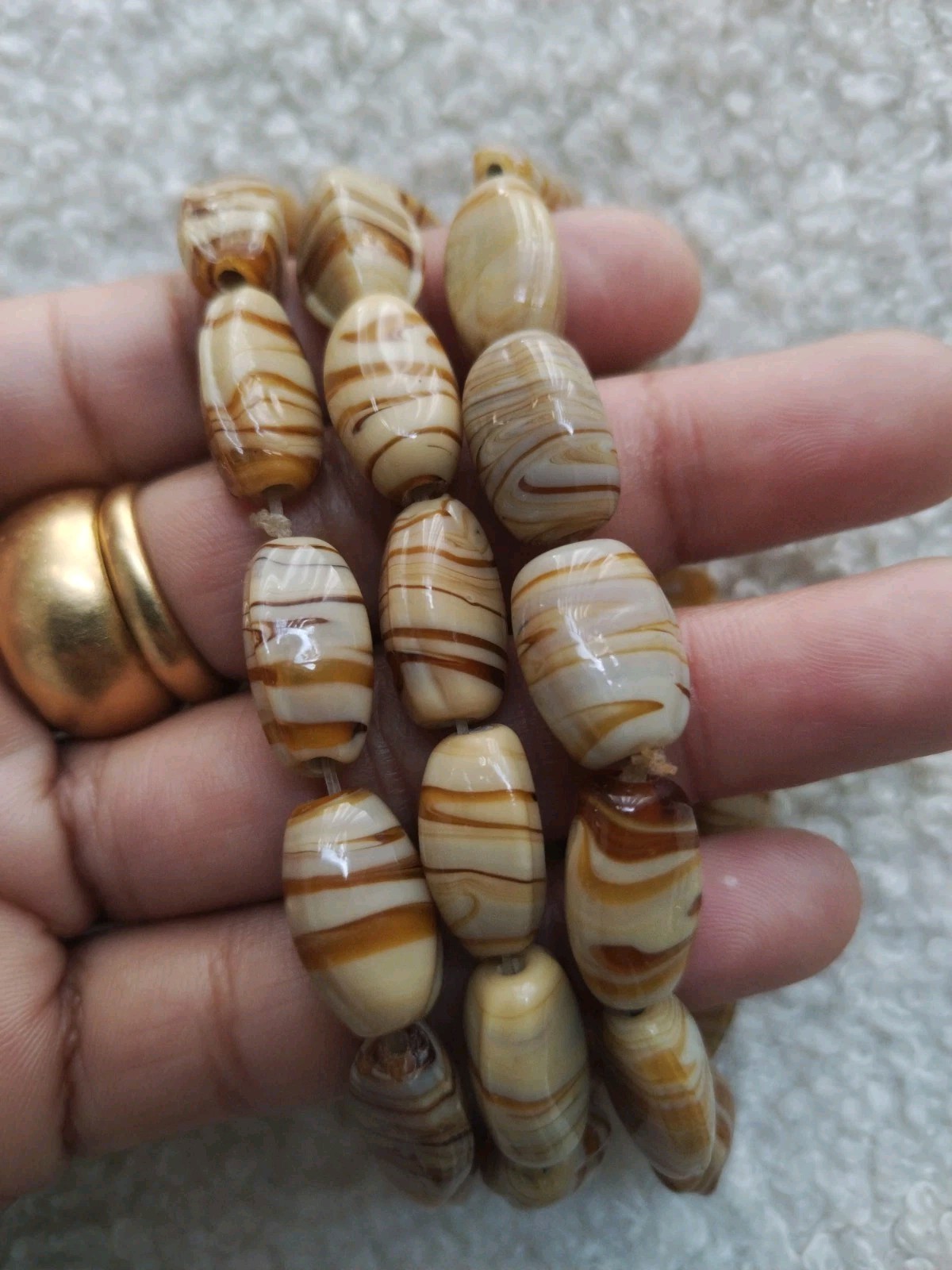 3 X Caramel Brown​ Swirl Stripe Oval Glass Beaded Elasticated Bracelets