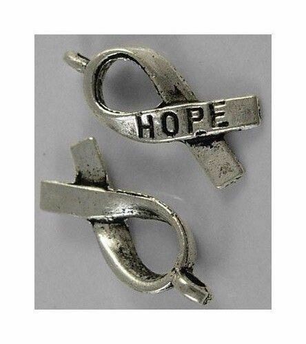 50 Tibetan Antique Silver Cancer Awareness Ribbon Charms HOPE Lead + Nickel Free