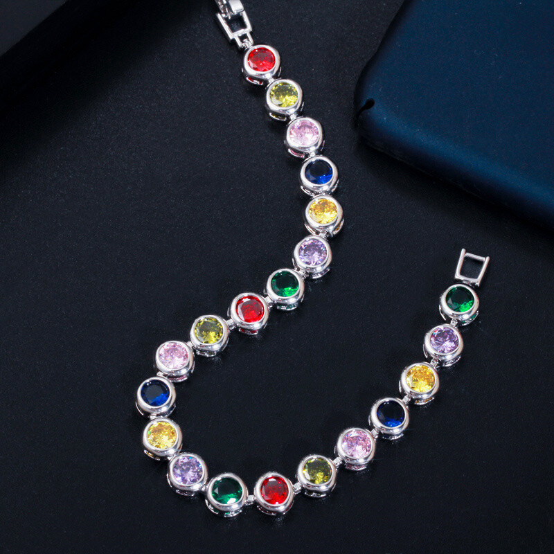 Gorgeous Gold Plated Colorful Round Cubic Zirconia Tennis Bracelet Women Jewelry