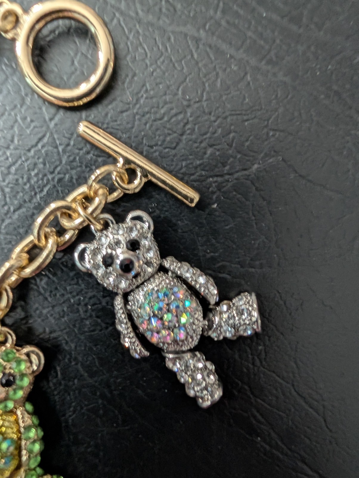 RARE Off Park R Collection Jointed Teddy Bear Charms Bracelet Gold & Silver Pave