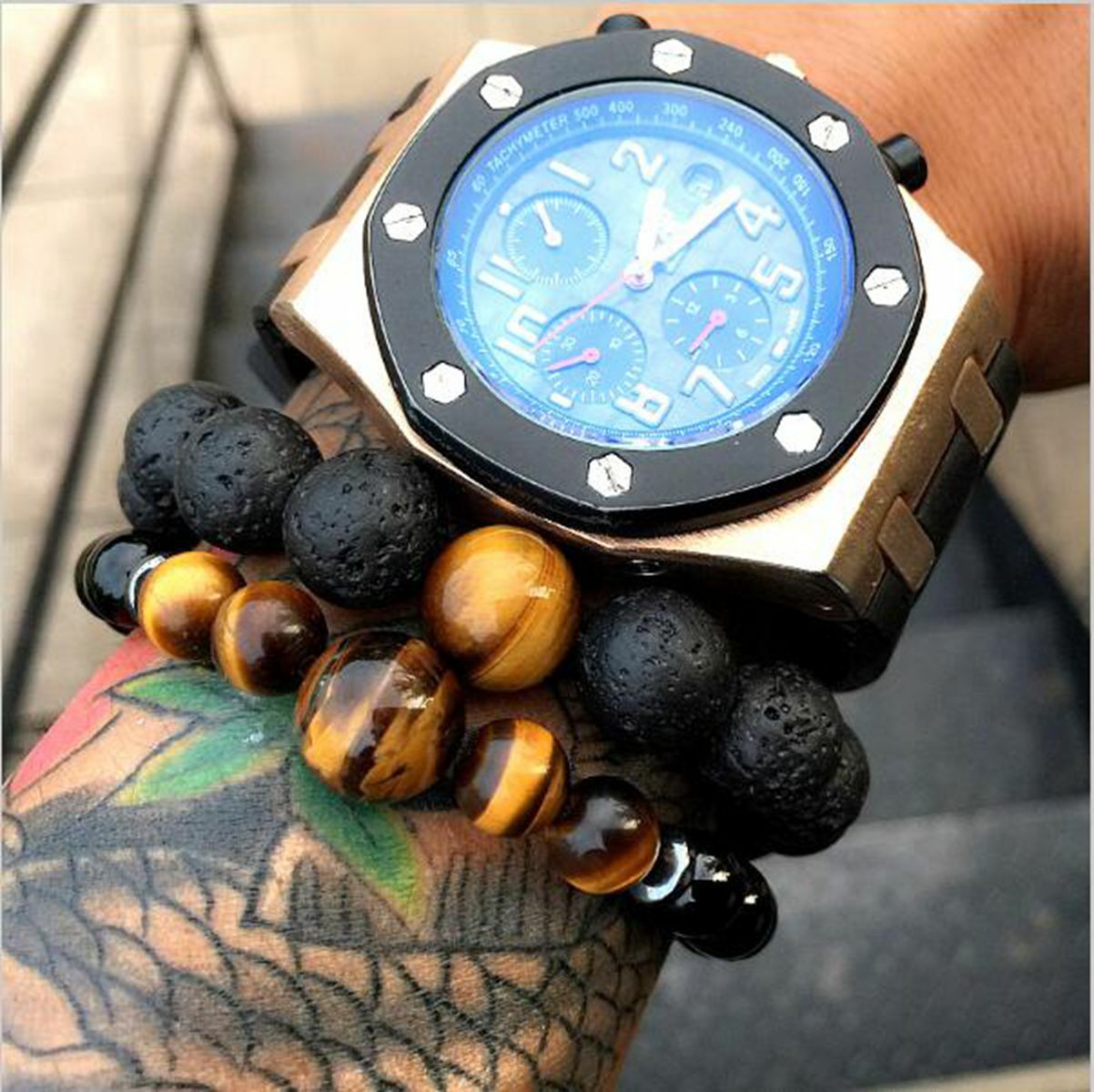 Natural Lava Stone Tiger Eye Lava Beaded Healing Energy Wrist Bracelet Men Women