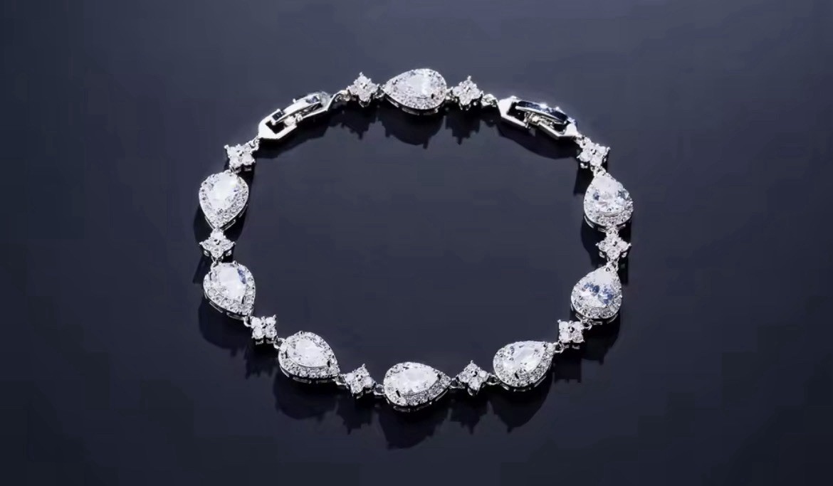 Silver-Tone Pear Teardrop White Simulated CZ Halo Tennis Link Bracelet