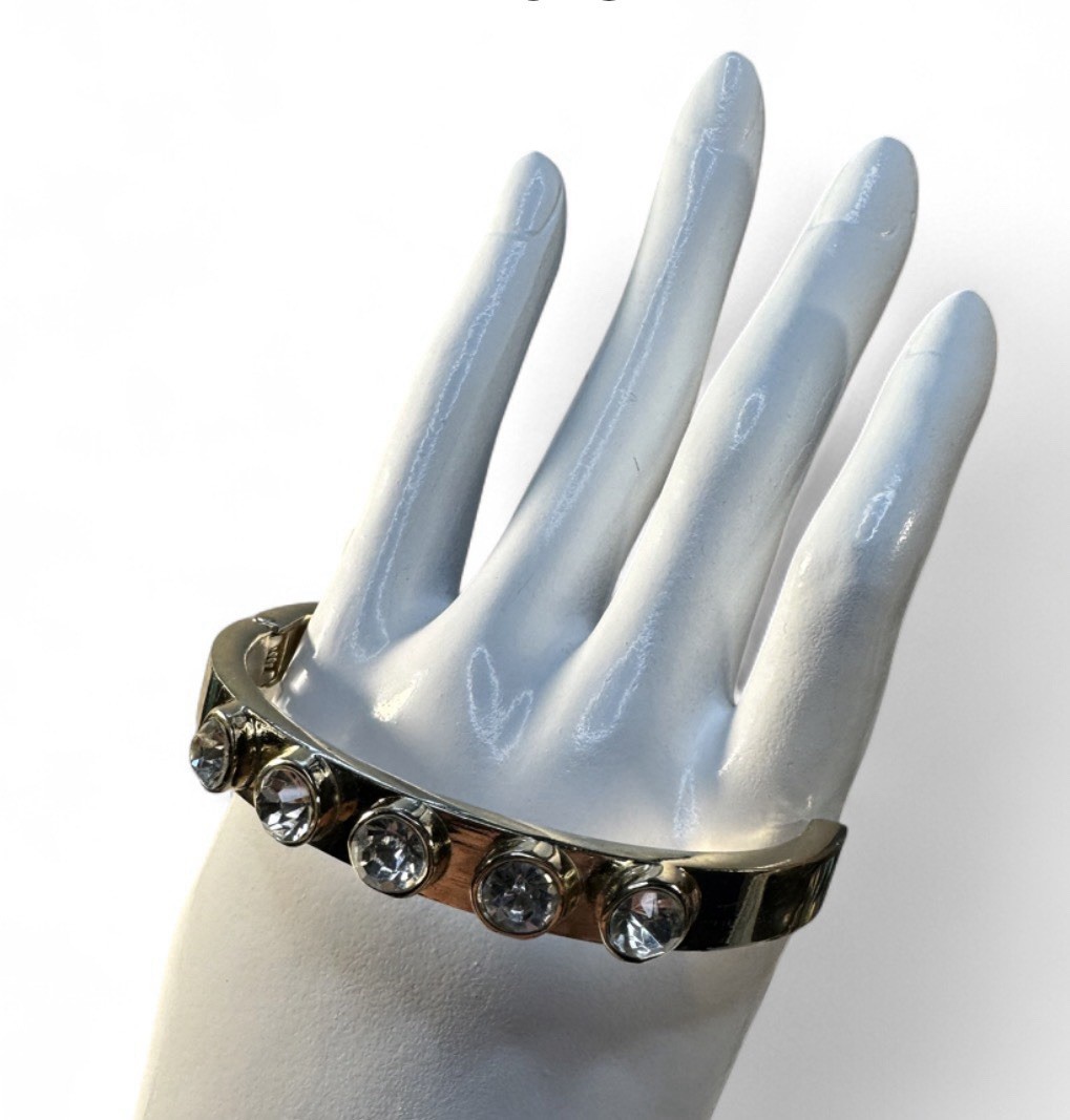 Gold Tone Curved Band Bracelet w/ 5 Bezel-Set Clear Round Crystals