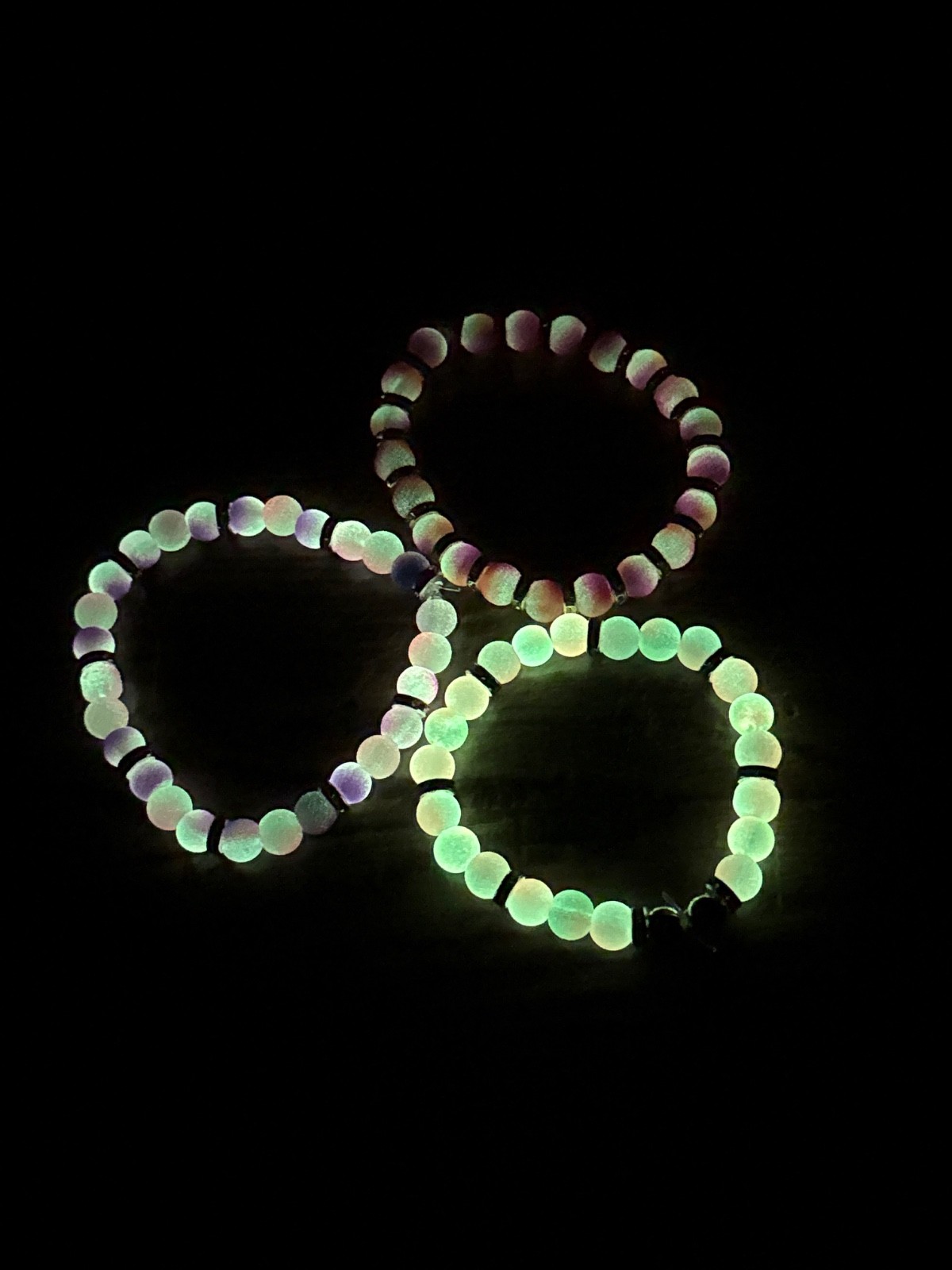 3 8 mm Glow in the dark glass bead bracelet combo assorted colors stretchy