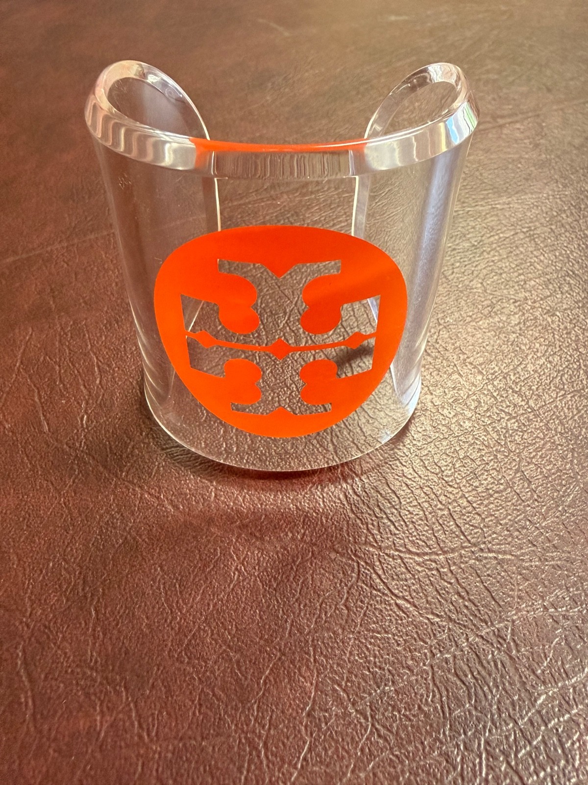 TORY BURCH Cuff Bracelet Acrylic Lucite With Orange Logo – Excellent Condition