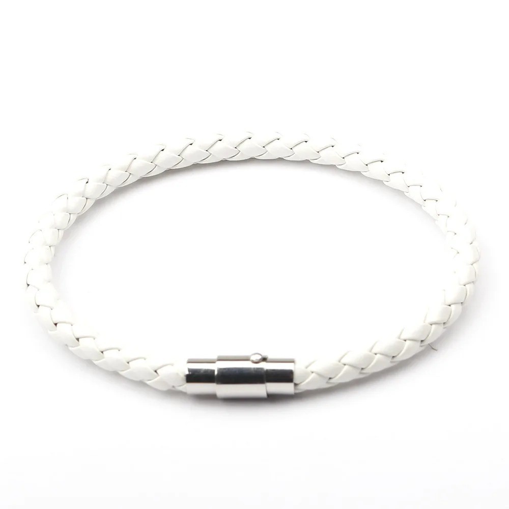 Silver Stainless Steel Magnetic Clasp Braided Leather Bracelet for Men’s Women’s