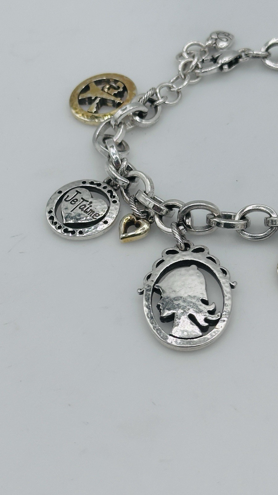Brighton Paris Love Charm Bracelet Two Tone Heart Rose Cat Retired