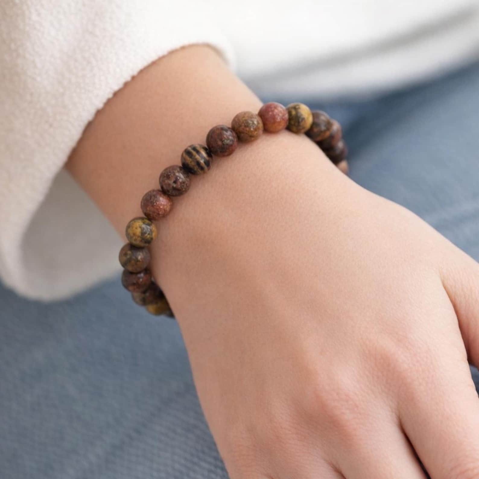 Leopard Skin Jasper Bracelet Polished Beads On Elastic, Stackable Daily Wear