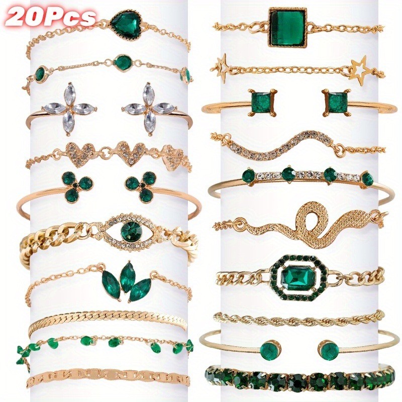20P Green Stack Bracelets Gold Multi-Style Heart Star Bangles Jewelry Gift