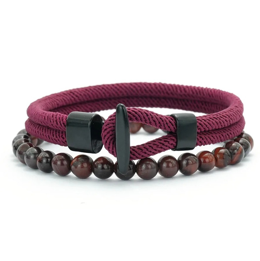 2PCS Men’s Beaded Rope Bracelet Set Tiger Eye & Malachite Stone Handmade Jewelry