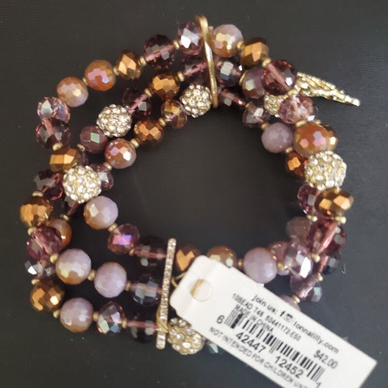 lonna & lilly Stretch Bracelet with Feather Charm Amber and Purple Beads NWT