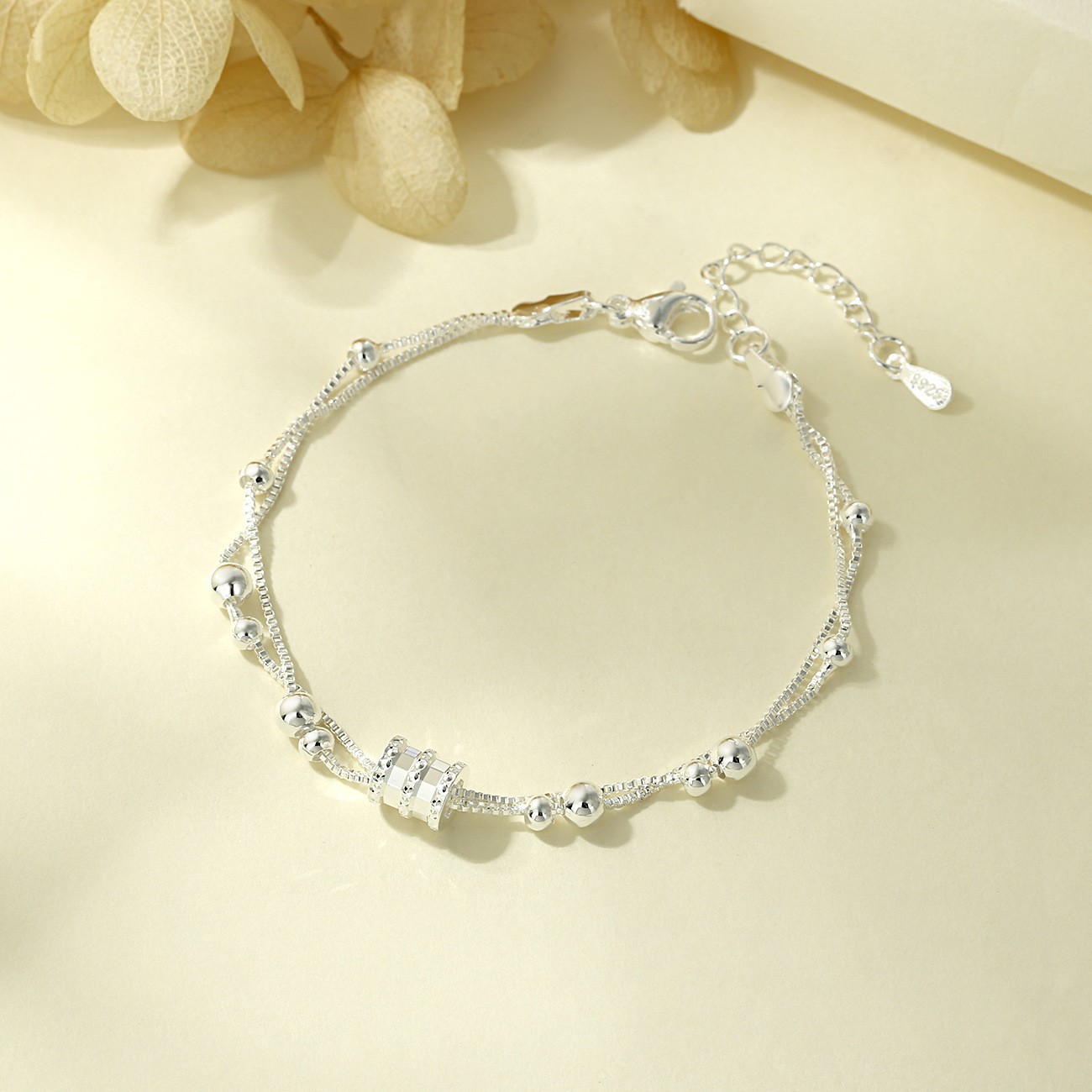 925 Sterling Silver Barrel Charm Double Layer Beaded Women Silver Bracelet Gift