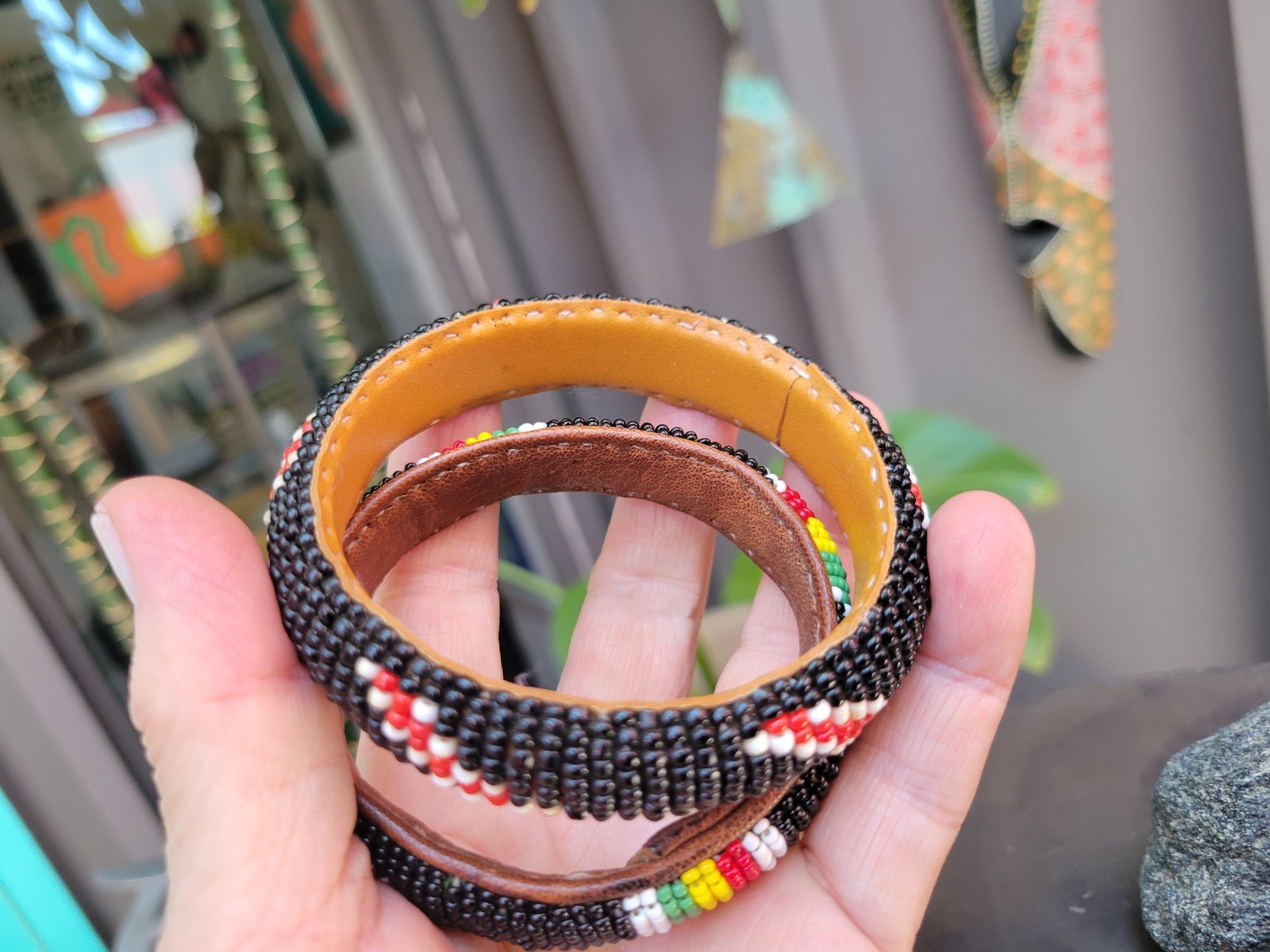 Vintage Lot of 2 African Woven Seed Bead & Leather Bangles African Colors 7″& 8″