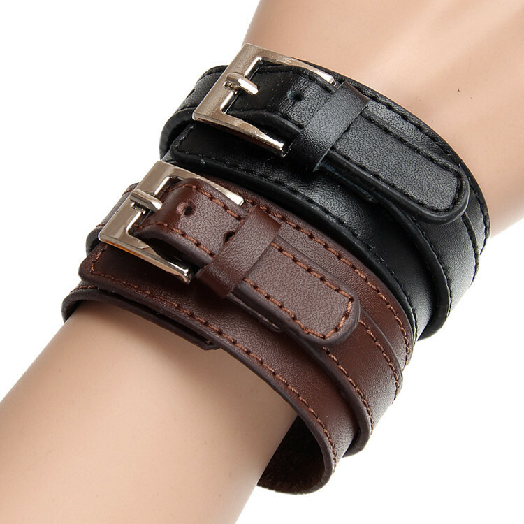 Men Leather Bracelet Adjustable Retro Punk Pin Buckle Male Cuff Bangle Best Gift