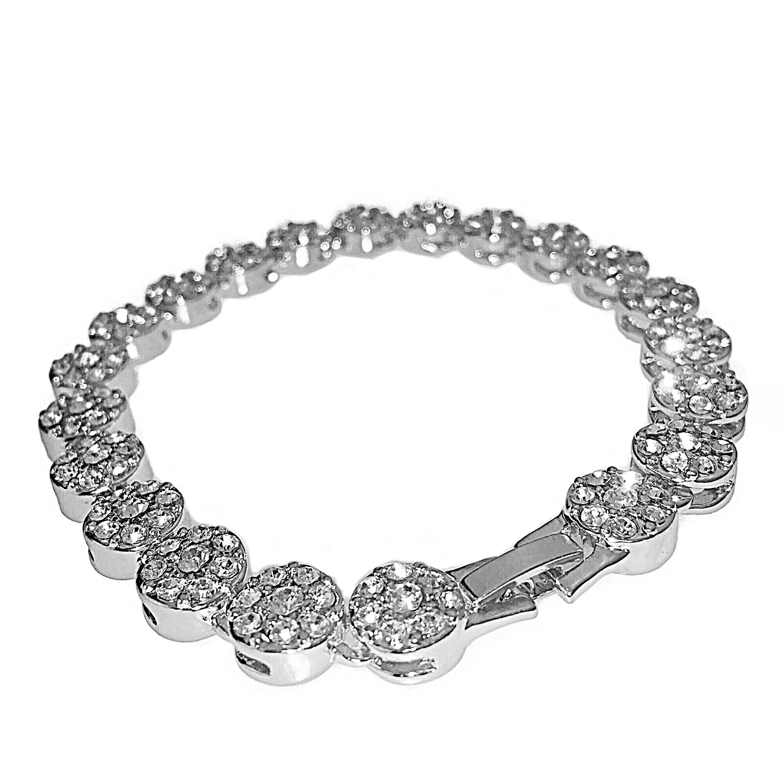 Men’s Flower Cluster Hip Hop Bracelet Tennis Iced Simulated CZ Silver Tone 8″