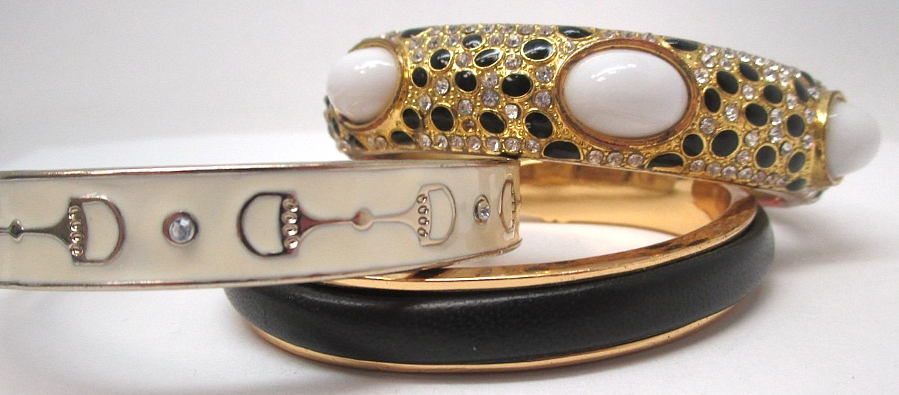 Set of Three Costume Bangles Enamel Rhinestone and Patent Leather Bracelets