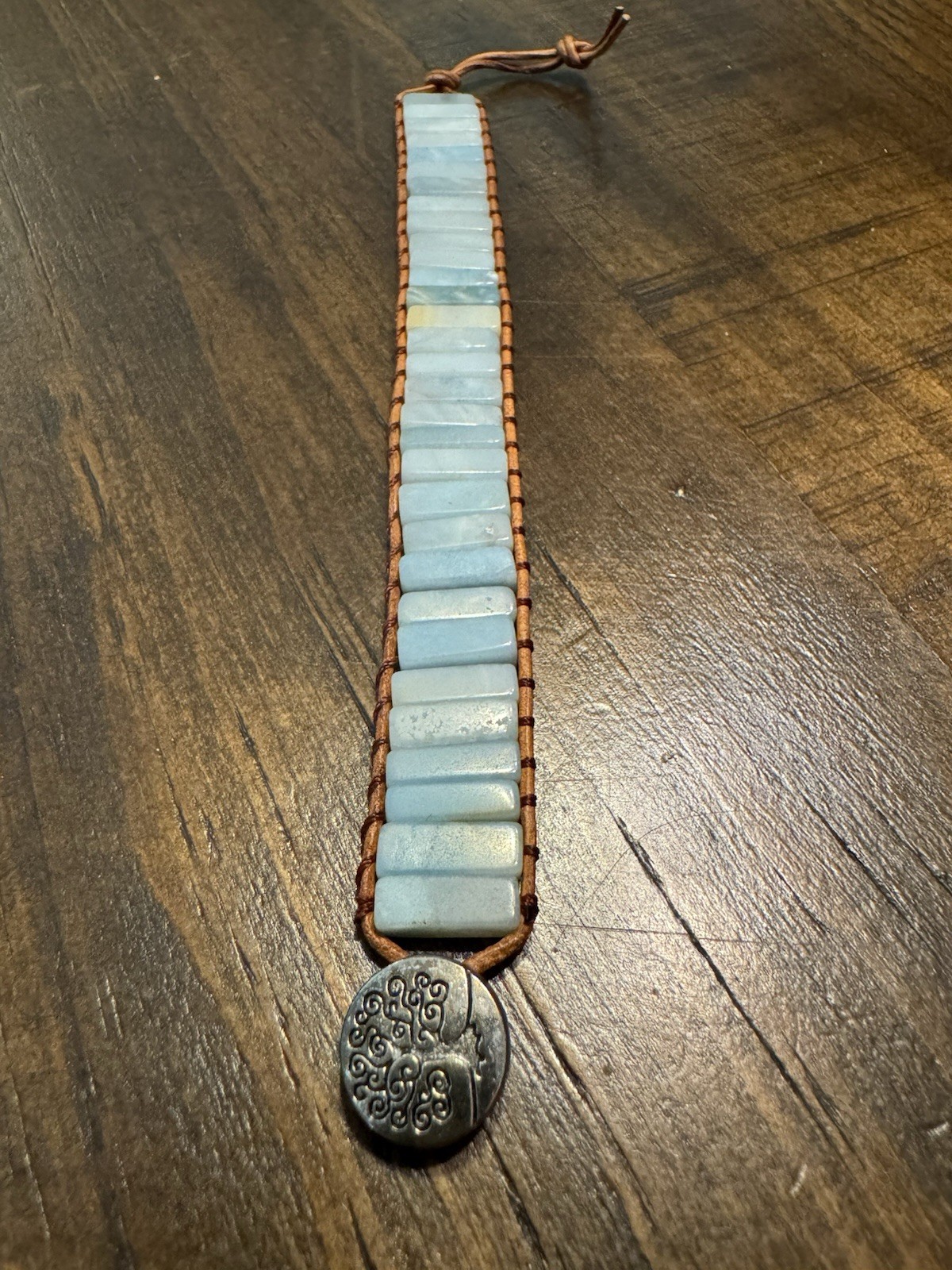 Light Blue Amazonite Stone Beaded Bracelet Leather Cord Adjustable Knot Charm