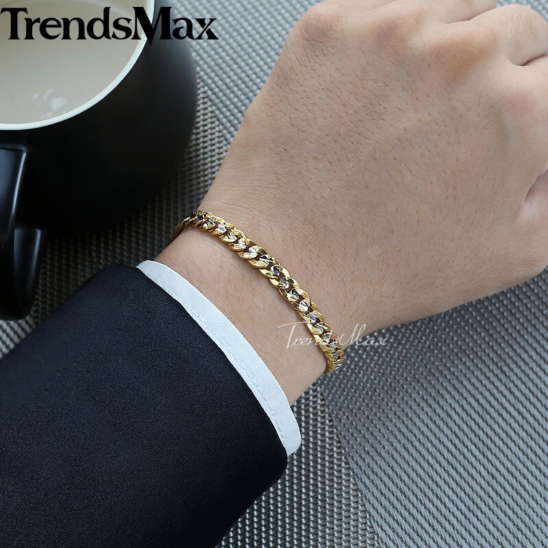 Silver&Yellow Gold Filled Chain Hammered Cut Curb Cuban Bracelet Women Men 8inch