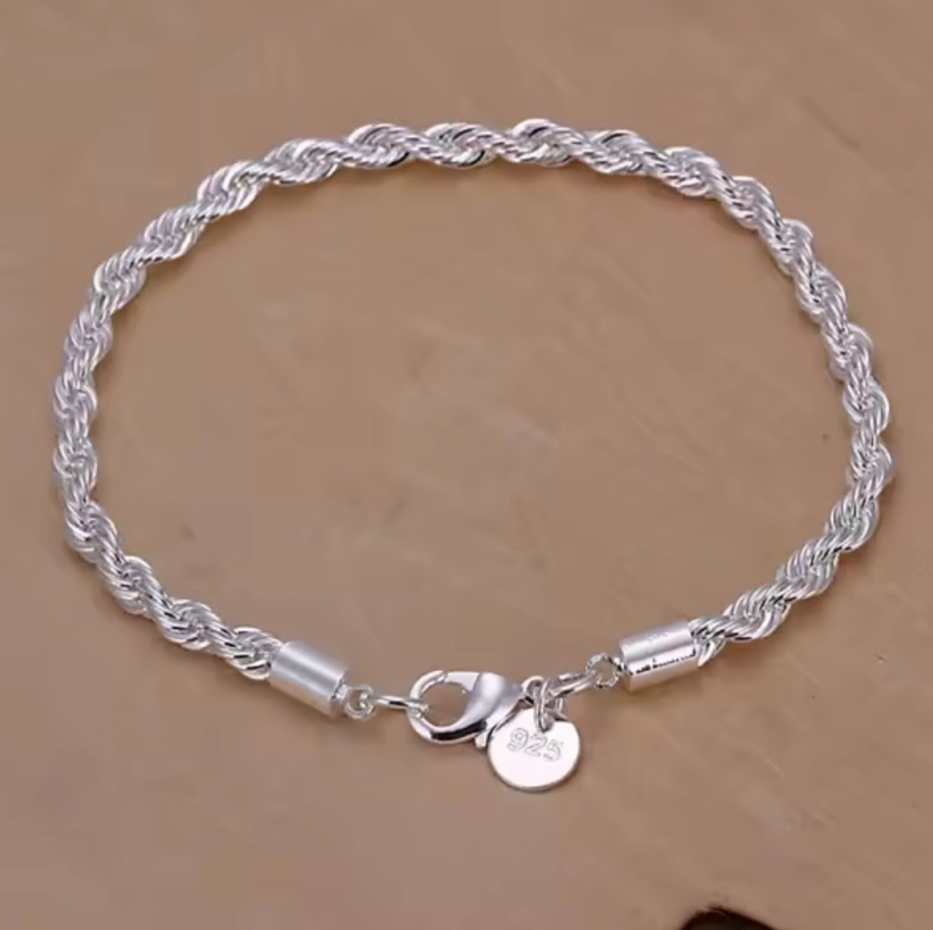 Bracelet 8 in .925 Sterling Silver Width 4mm Twisted Rope Chain Lobster Clasp 8g