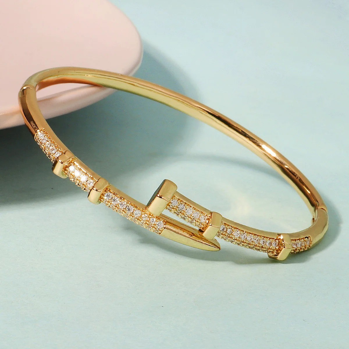 14k Yellow Gold plated Open Nail Bolt Trendy Bracelet AAA quality cubic zirconia