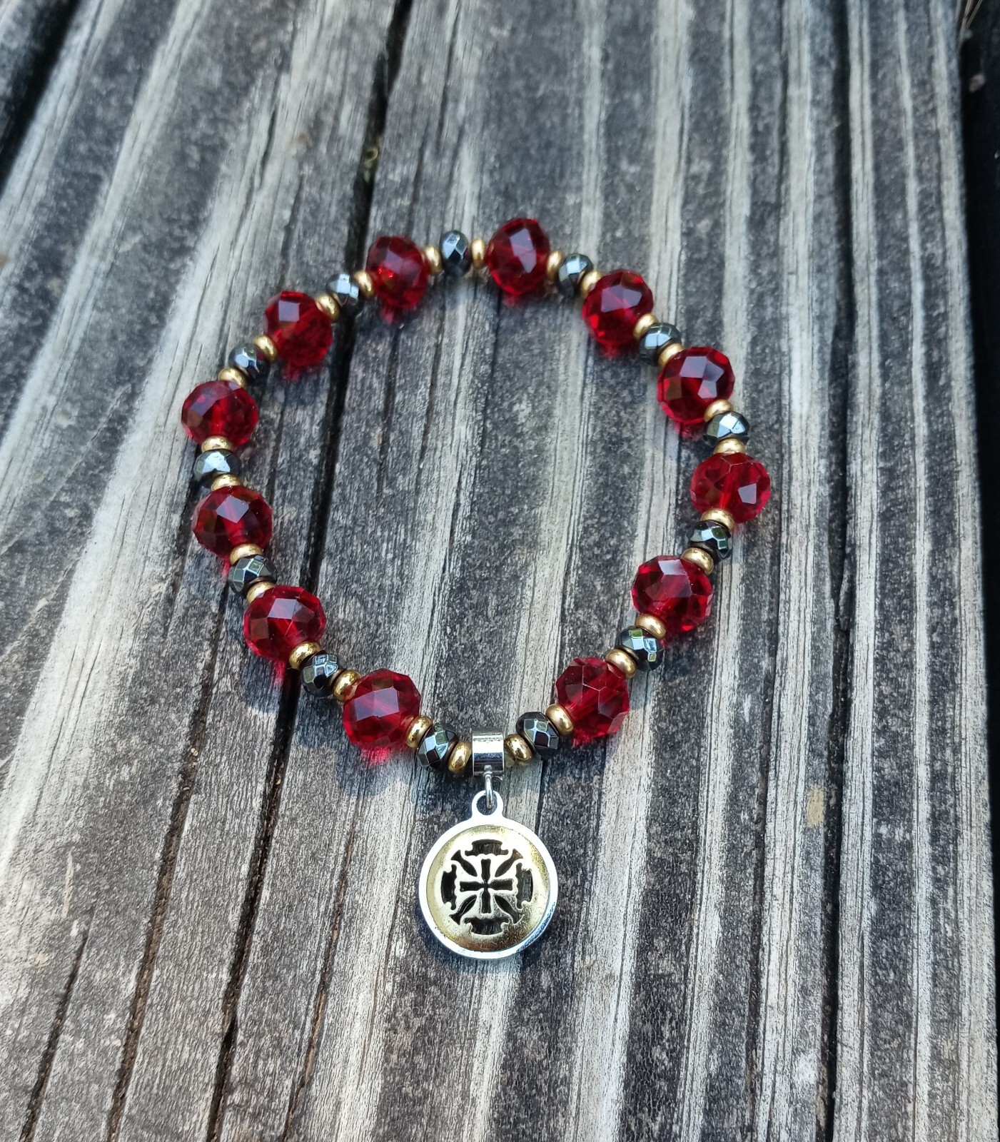 Rustic Cuff Bracelet Stretch Red Beads Mixed Metal Black Hematite Silver Gold