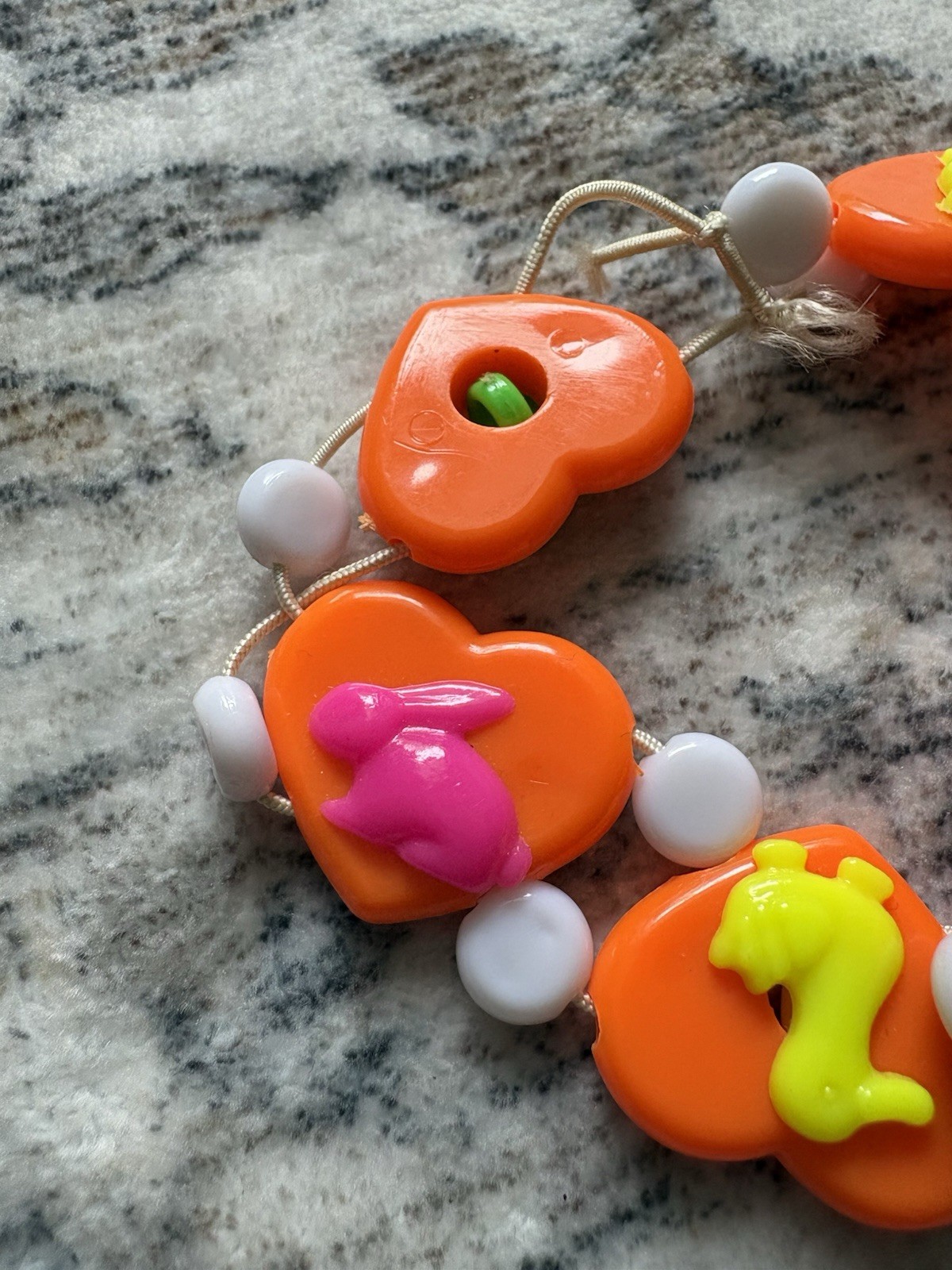 Vintage 90s Y2K Plastic Heart Animals Beaded Bead Stretch Bracelet Needs Repair