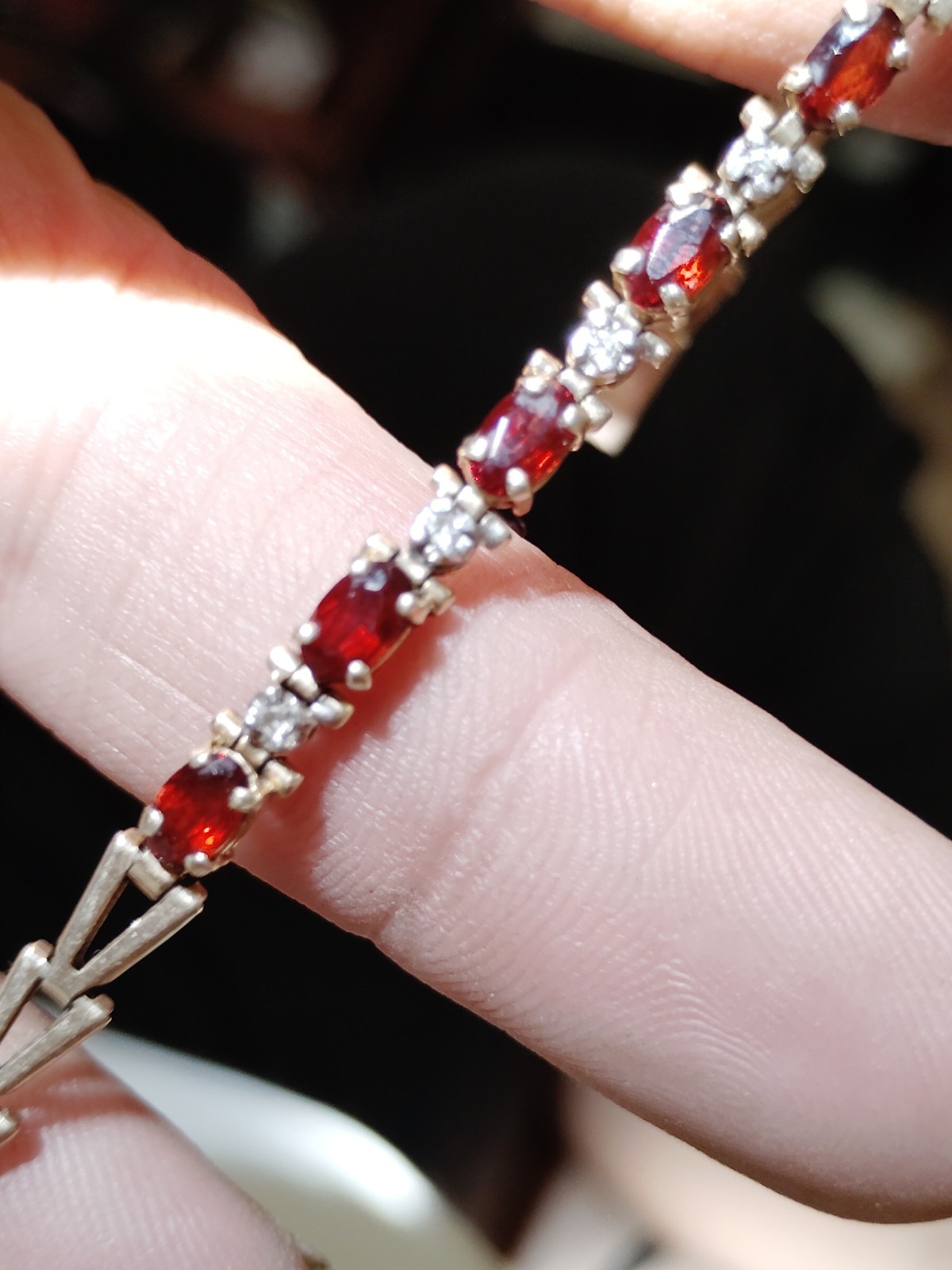 Vintage 10k Chevron link tennis bracelet Garnet gemstones and Diamond accents