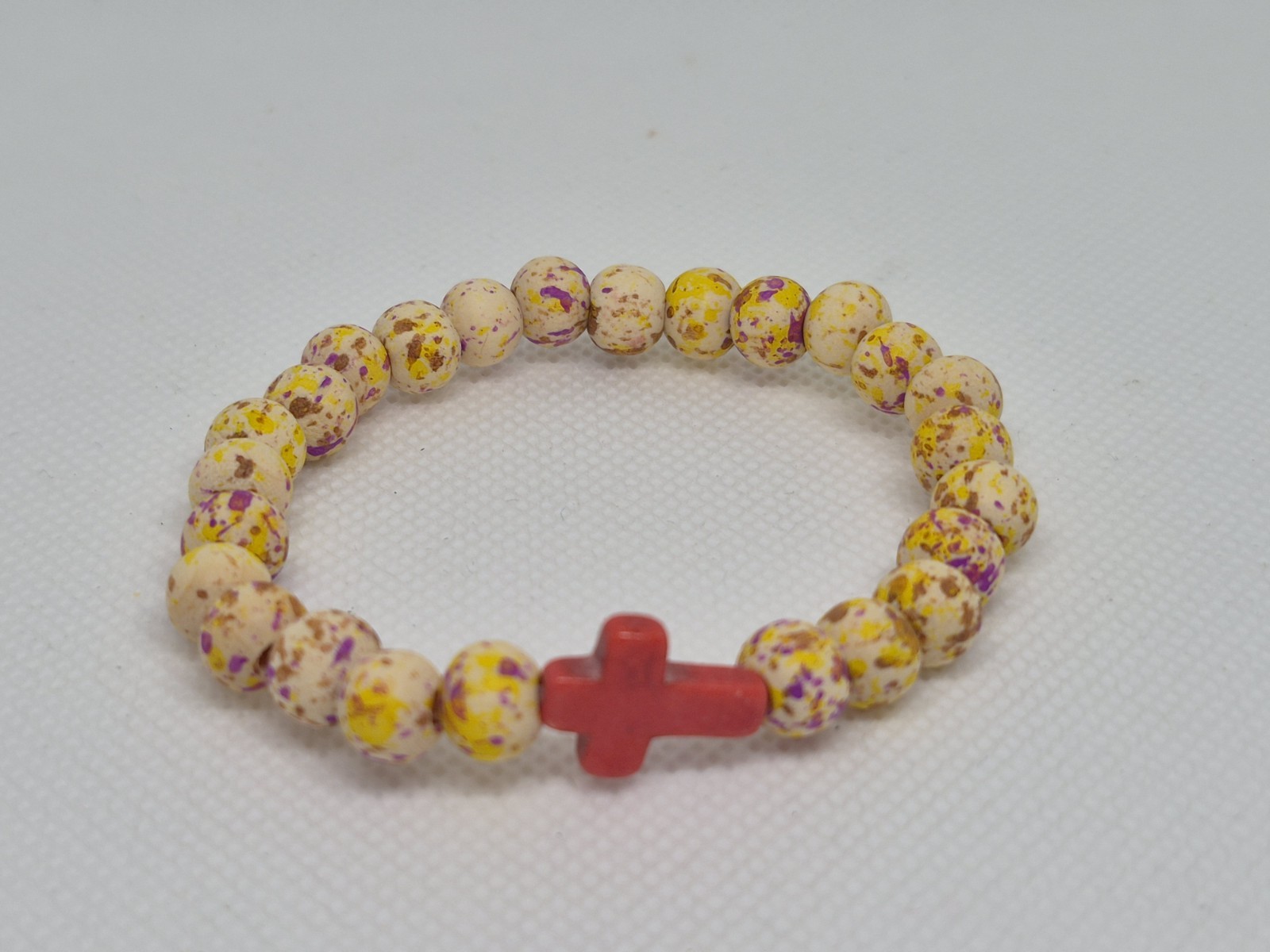 Set of 3 Multicolor wood Round Beaded Stretch Bracelets w/ Cross Dangle Charms