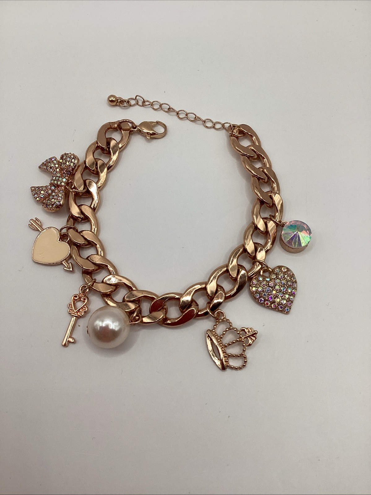Rose Gold Tone Curb Chain Charm Bracelet W/ Faux Pearl,crystal Heart and Bow