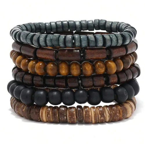6pcs Braided Leather & Wooden Bead Bracelets – Adjustable Vintage Style for Men