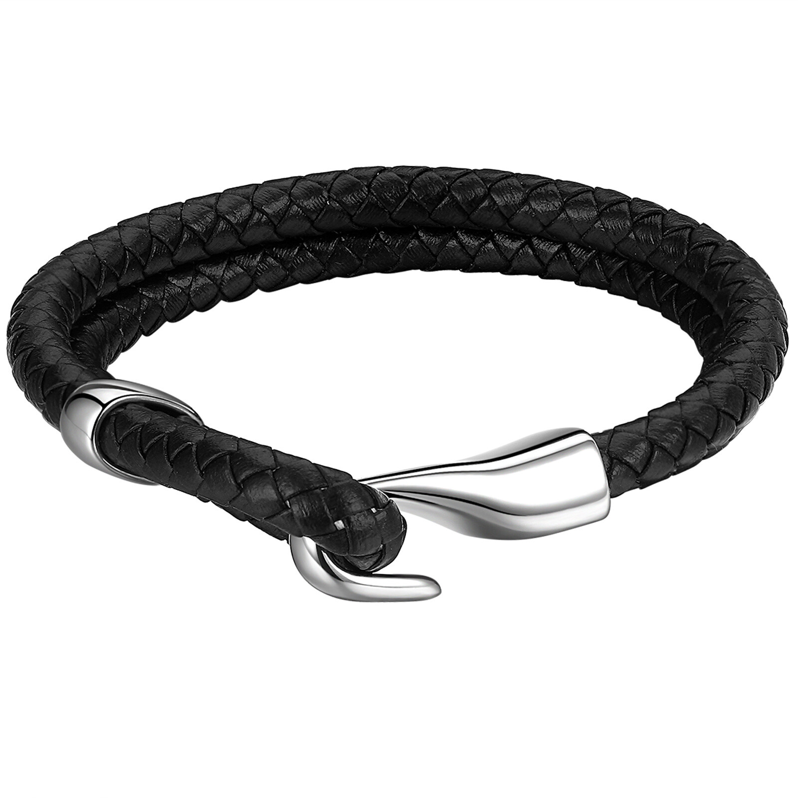 Mens Multilayer Leather Cord Nautical Fishing Hook Cuff Stainless Steel Bracelet