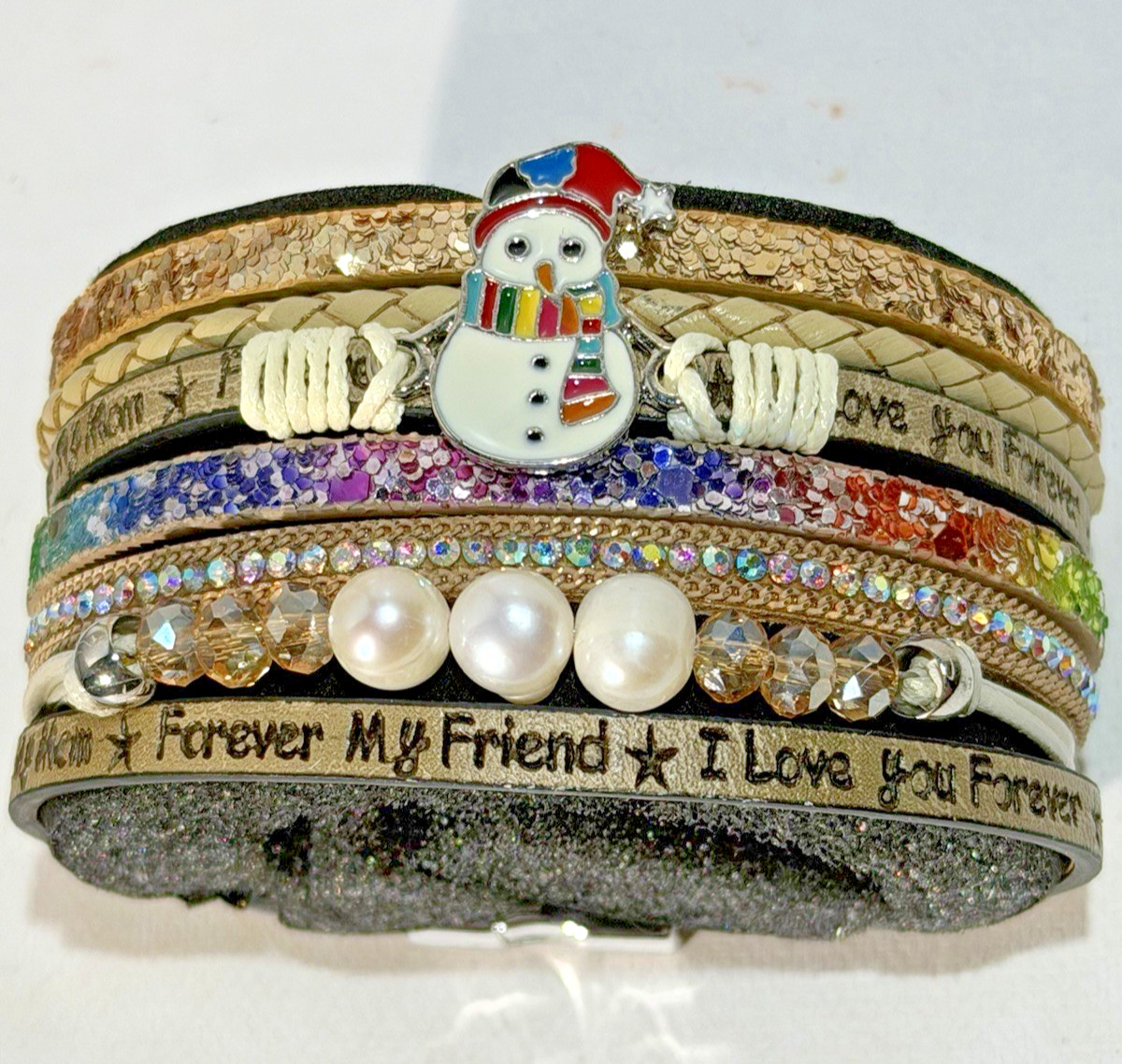 Multi Strand Cuff Bracelet Wide Boho Western Faux Leather w Inspirational Phrase