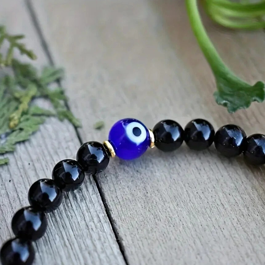 Black Tourmaline Evil Eye Protection Bracelet Healing Crystal Gift for Men Women