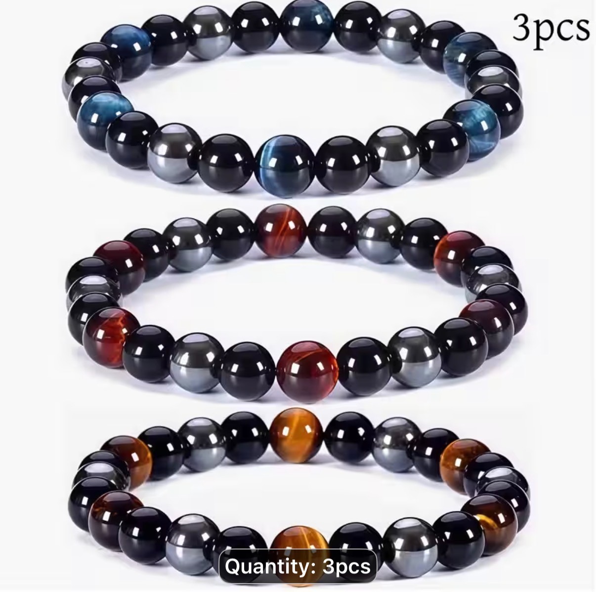 3Pcs Triple Protection Bracelet Set Yellow Red Blue Tiger Eye Hematite Obsidian