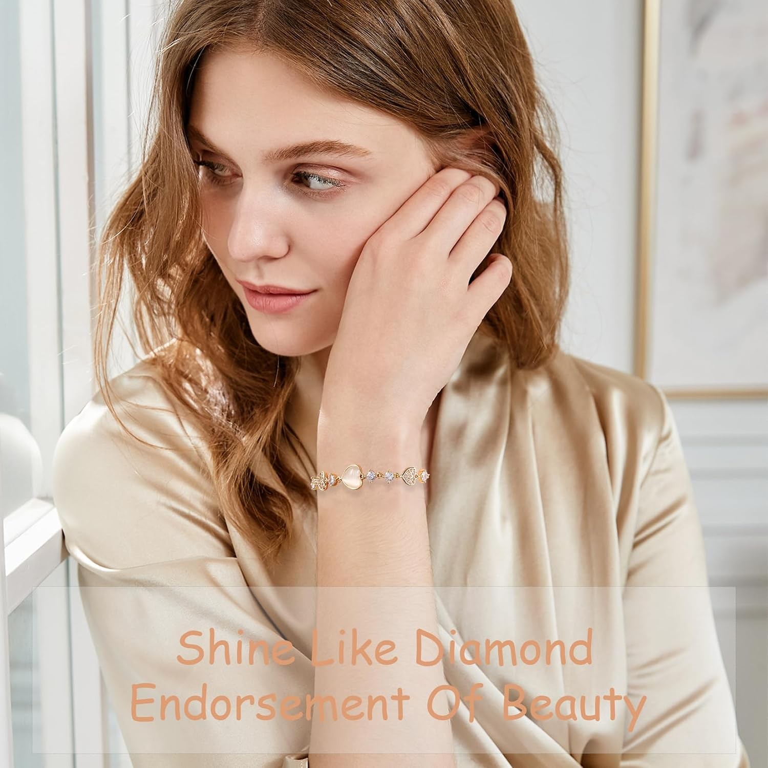 Dainty Adjustable 14K Gold Plated Heart Link Chain Bracelet for Women