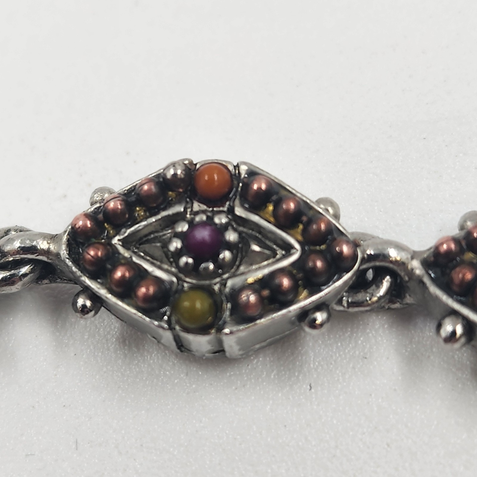 Silver Tone Bracelet Orange Brown Beaded Quartz Diamond Chain Magnetic 7″