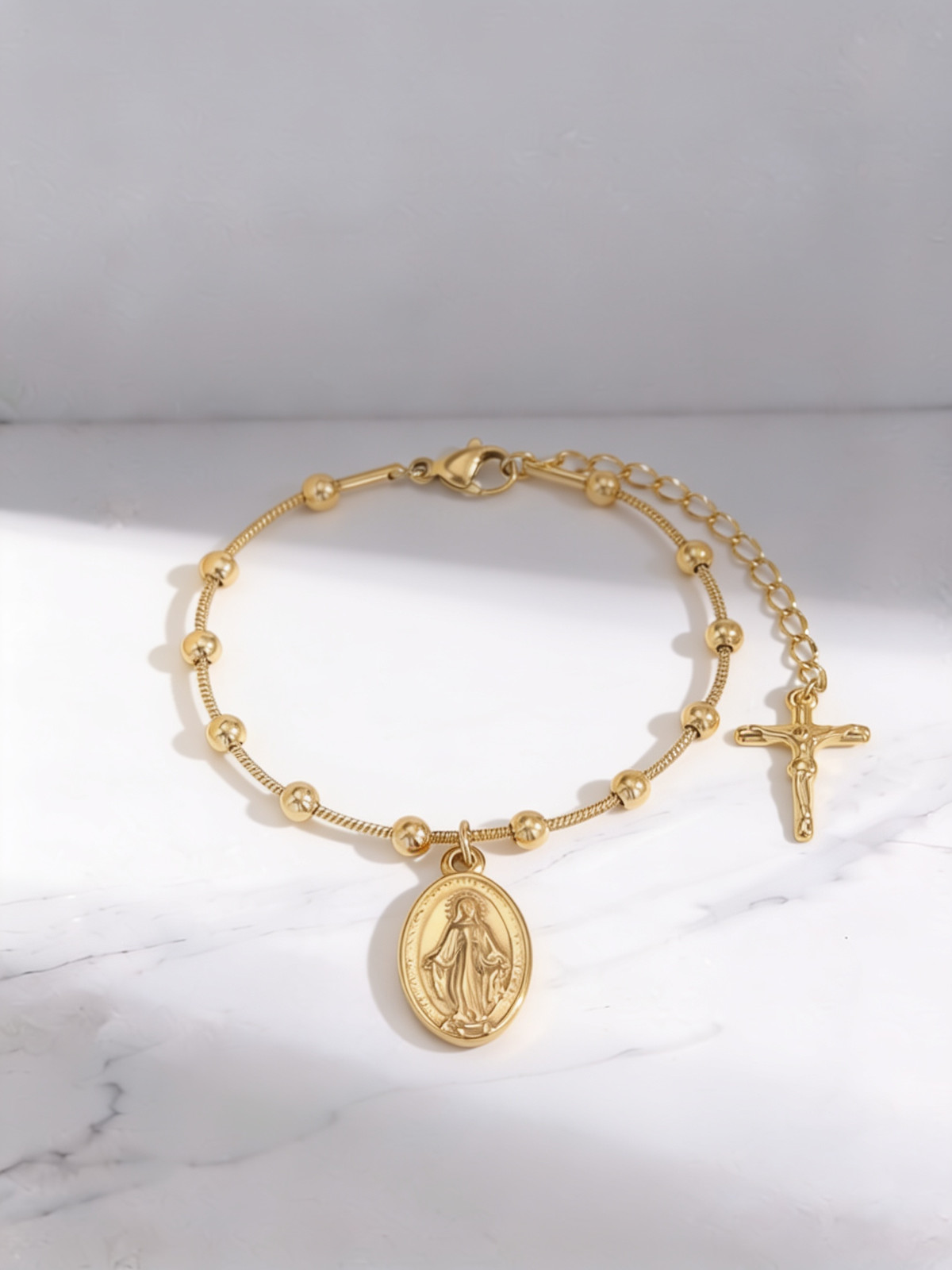 Elegant Holy Rosary Cross Bracelet Virgin Mary Medal Stainless Steel Women Gift
