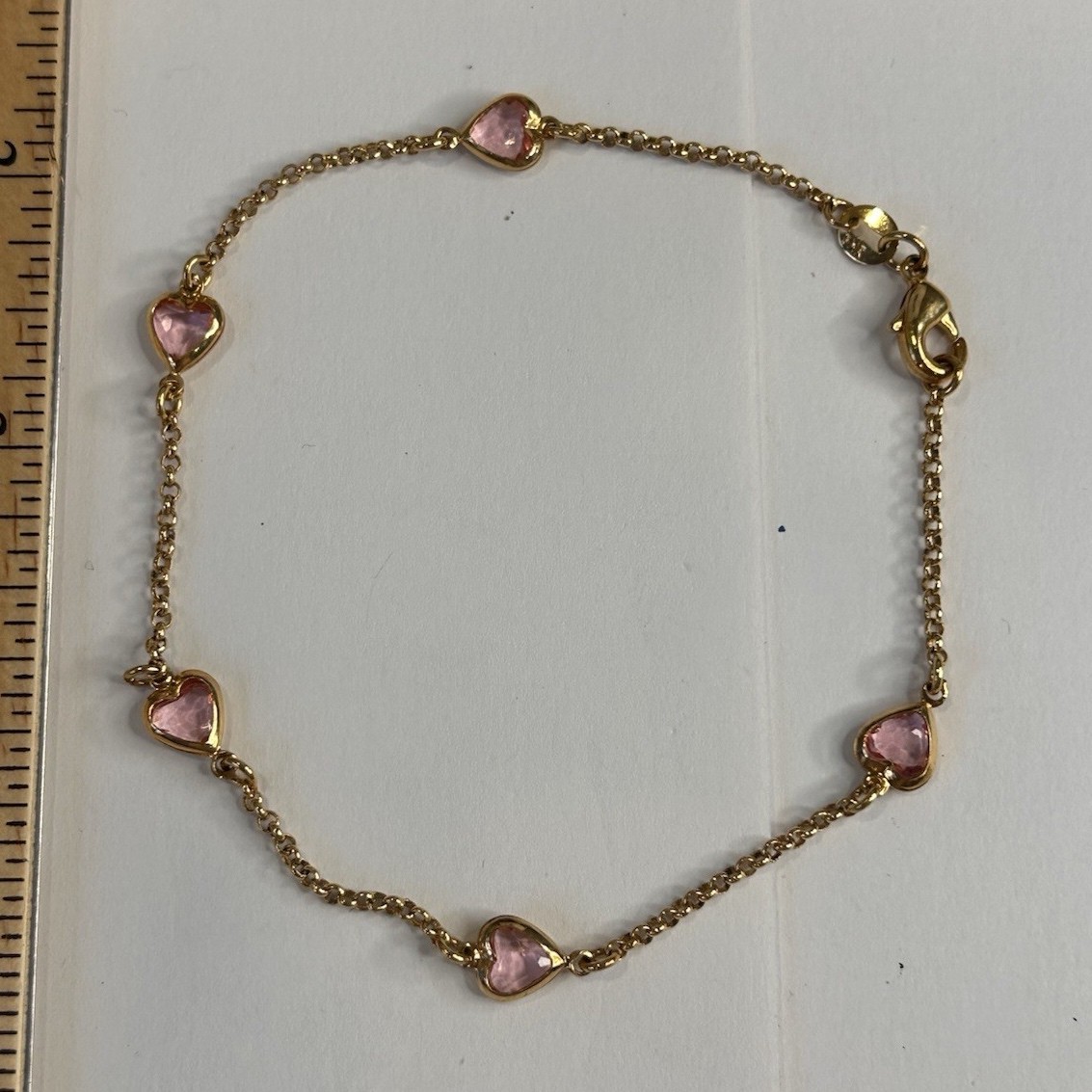 Gold filled cable chain bracelet pink heart bezel stones lobster clasp signed