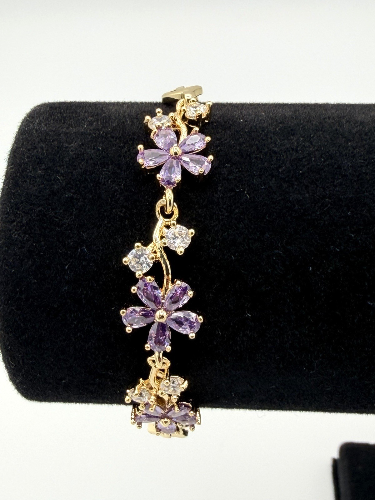 18K Gold Filled Bracelet w/ Purple & White Crystals – 7 Inches New
