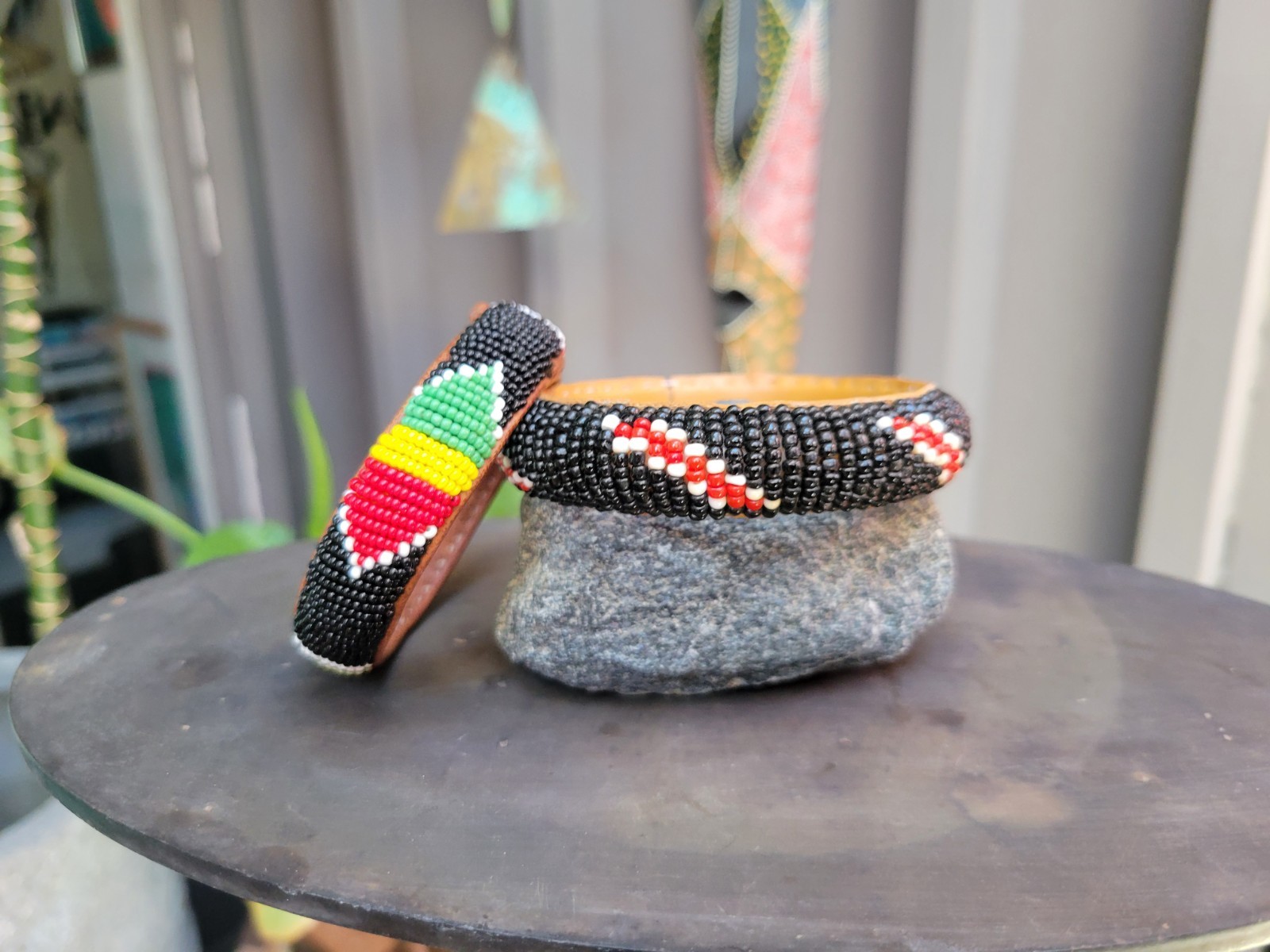 Vintage Lot of 2 African Woven Seed Bead & Leather Bangles African Colors 7″& 8″
