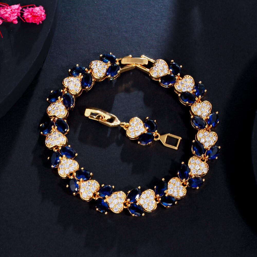 Yellow Gold Plated Blue Leaf Cubic Zirconia Heart Bangle Bracelet for Women Gift