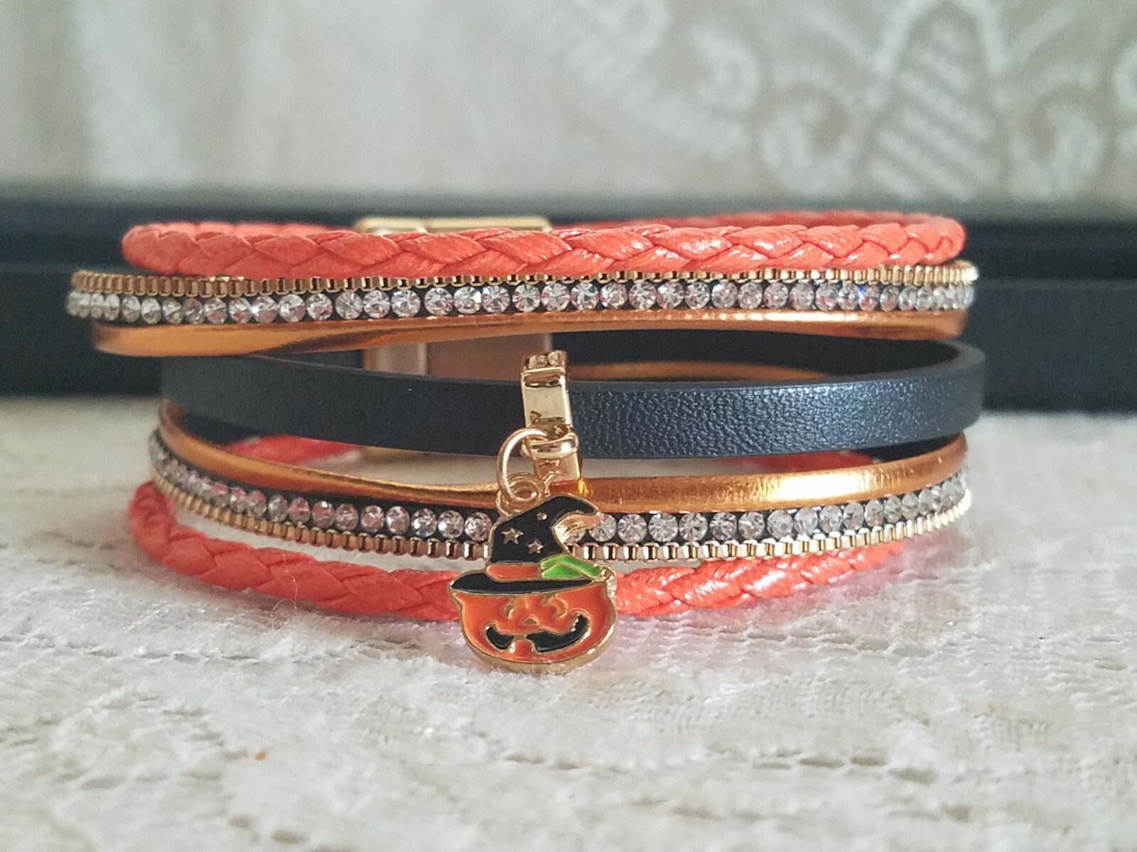 HALLOWEEN ENAMEL PUMPKIN MAGNETIC BRACELET RHINESTONES GOLD TONE LAYEREDED