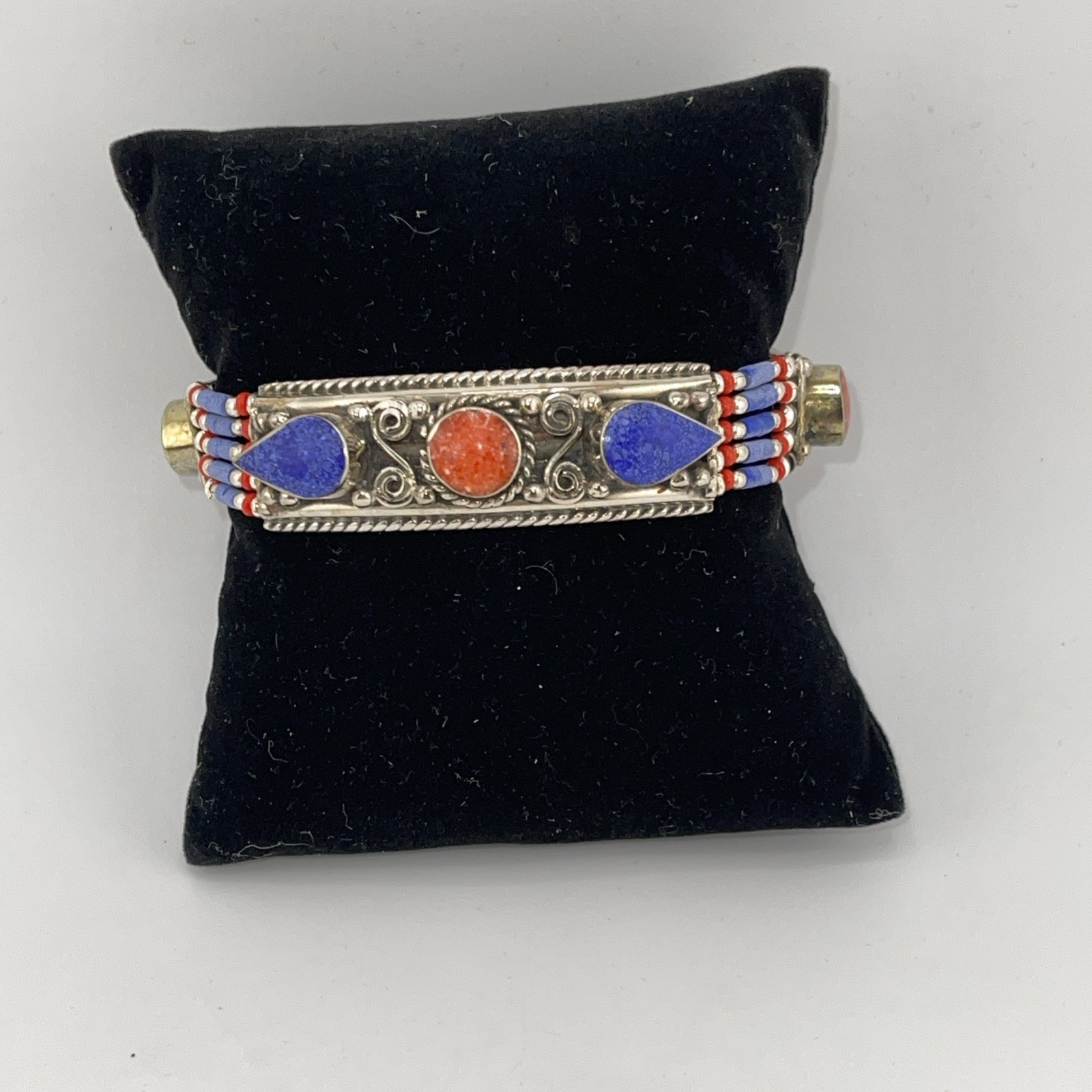 Unisex NEPAL TIBETAN HANDMADE Coral & Turquoise Bracelet Tibetan Silver 7.50”