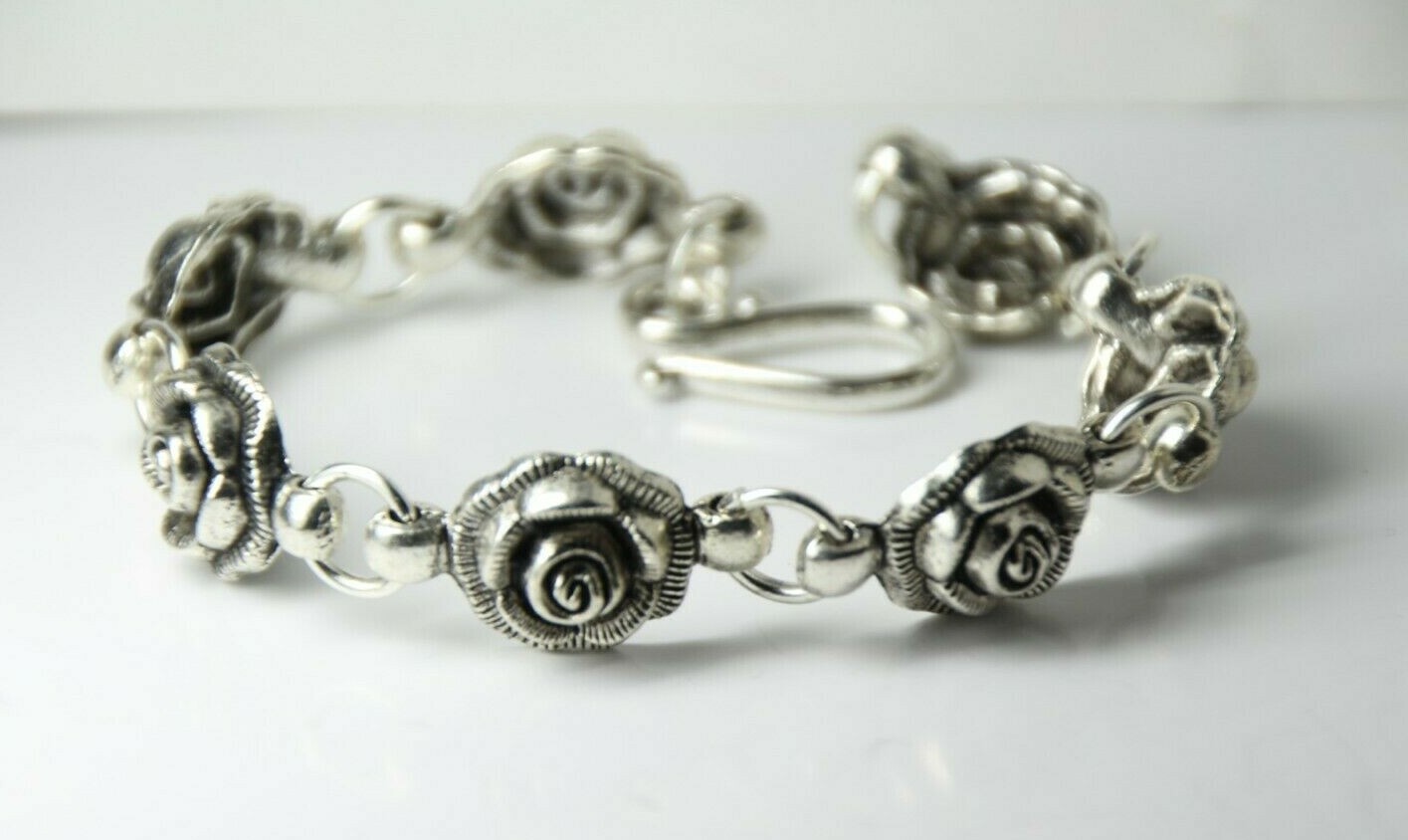 Rose Bracelet Silver Rhodium Hook Clasp Roses Pewter Charms 7″ inch Flower