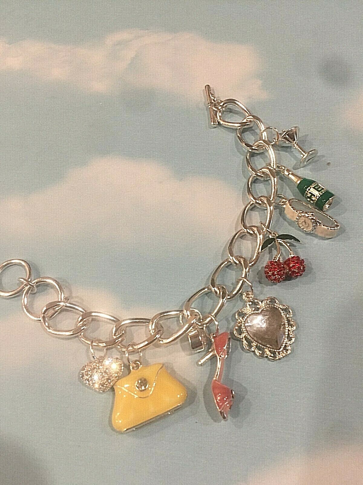LADY GOOD TIME ACCESSORY SILVER BIG CHARM BRACELET Purse Shoe Cocktail Champagne