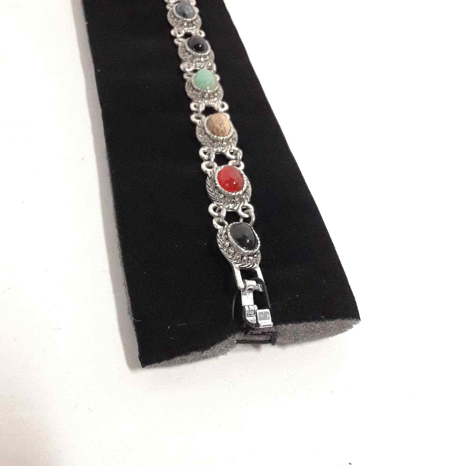 Silver Tone Bracelet, NEW Chain Colorful Glass Gemstone? Thailand Pink Red 7″