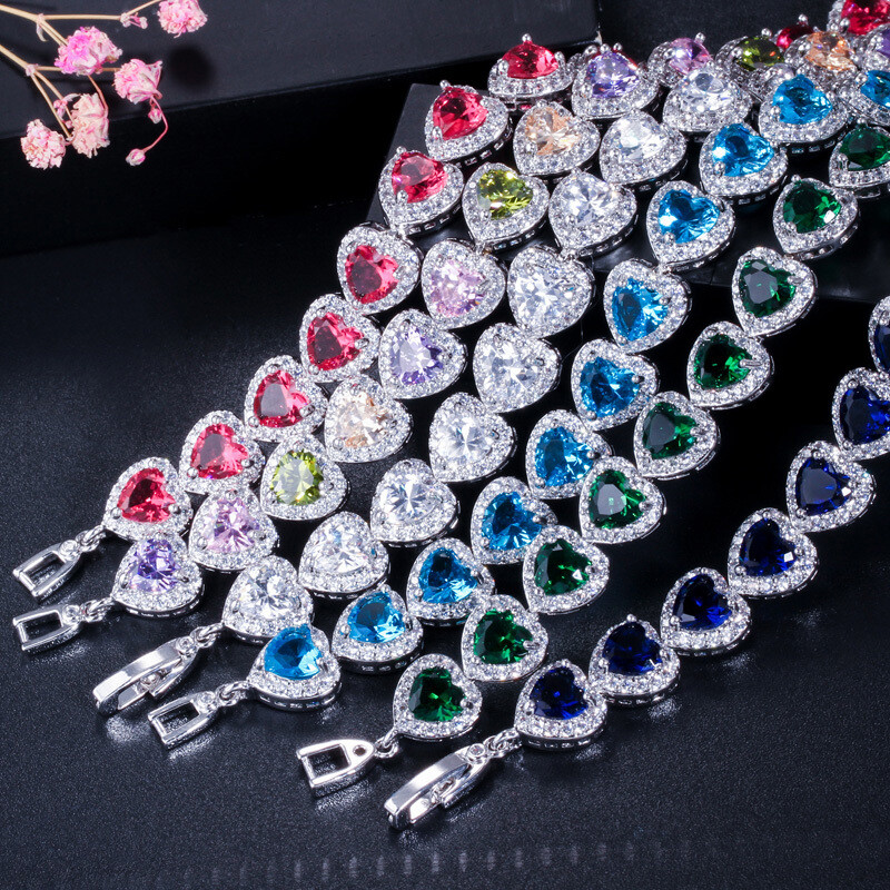Luxury Heart Tennis Bracelet Silver Plated Cubic Zirconia Women Wedding Jewelry