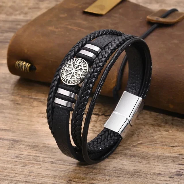 Men Multilayer Compass Braided Leather Stainless Steel Magnetic Bracelet Bangle