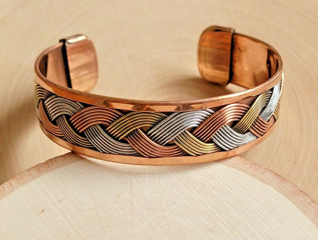 Solid Copper Tricolor Cuffed Health Bracelet – Copper Bracelet Braided