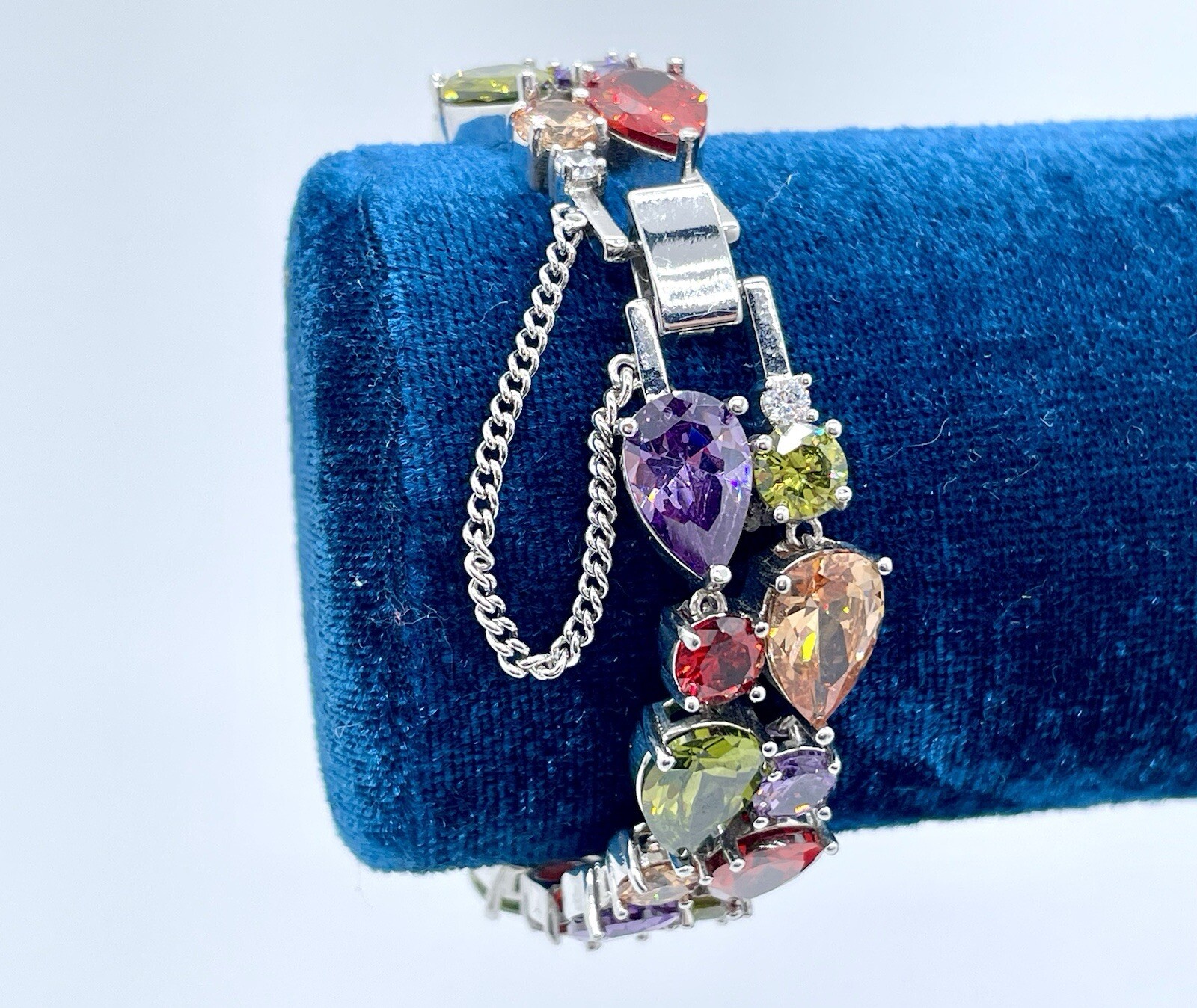 2 Layer Multi Color Sparkling Gemstone Bracelet 925 Bracelet w/Safety Chain